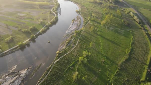 Aerial Sunset View Struma River Passing Village Topolnitsa Blagoevgrad Region — Stock Video