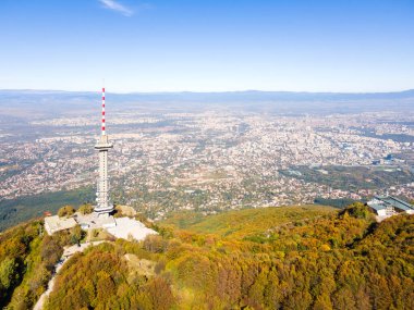 Aerial Autumn panorama of Vitosha Mountain at Kopititoto area  and city of Sofia, Bulgaria