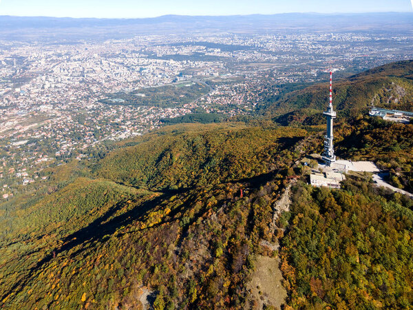 Aerial Autumn panorama of Vitosha Mountain at Kopititoto area  and city of Sofia, Bulgaria