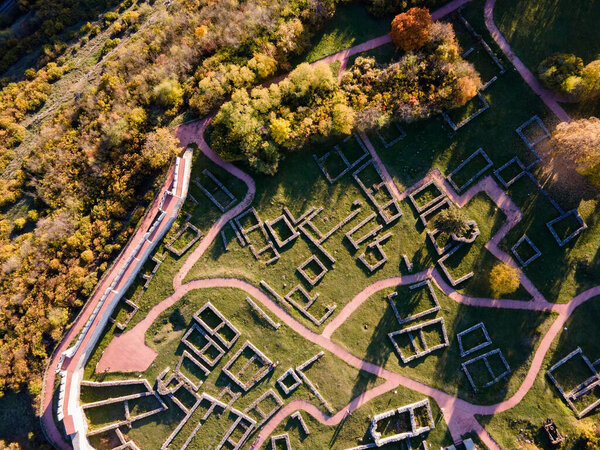 Aerial view of Ruins of the medieval Krakra fortress near town of Pernik, Bulgaria