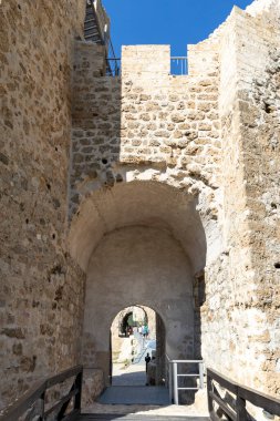 GOLUBAC, SERBIA - 11 Ağustos 2019: Golubac Kalesi - Sırbistan 'ın Tuna Nehri kıyısındaki ortaçağ güçlendirilmiş kasaba