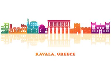 Yunanistan 'ın Kavala kentinin renkli Skyline panoraması - vektör illüstrasyonu