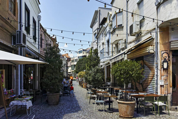 PLOVDIV, BULGARIA - AUGUST 2, 2022: Typical Street and houses at  pedestrian streets of city of Plovdiv, Bulgaria
