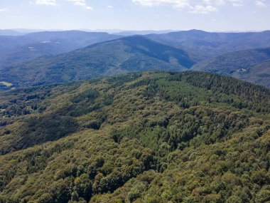 Bulgaristan 'ın Filibe Bölgesi, Rhodopes Dağı' ndaki Koprivkite bölgesinin havadan yaz manzarası
