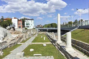 PLOVDIV, BULGARIA - AUGUST 1, 2022: Ruins of ancient Philippopolis at the central square of city of Plovdiv, Bulgaria