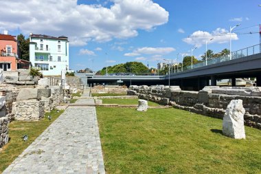 PLOVDIV, BULGARIA - AUGUST 1, 2022: Ruins of ancient Philippopolis at the central square of city of Plovdiv, Bulgaria