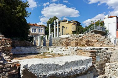 PLOVDIV, BULGARIA - AUGUST 1, 2022: Ruins of ancient Philippopolis at the central square of city of Plovdiv, Bulgaria