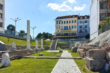 PLOVDIV, BULGARIA - AUGUST 1, 2022: Ruins of ancient Philippopolis at the central square of city of Plovdiv, Bulgaria