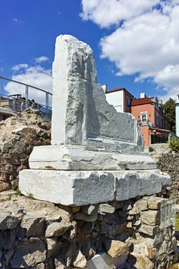 PLOVDIV, BULGARIA - AUGUST 1, 2022: Ruins of ancient Philippopolis at the central square of city of Plovdiv, Bulgaria