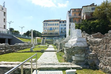PLOVDIV, BULGARIA - AUGUST 1, 2022: Ruins of ancient Philippopolis at the central square of city of Plovdiv, Bulgaria