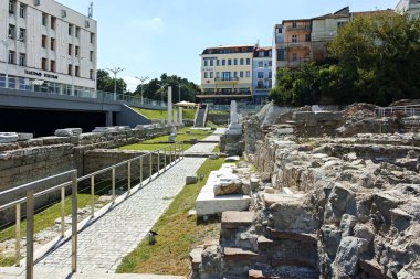 PLOVDIV, BULGARIA - AUGUST 1, 2022: Ruins of ancient Philippopolis at the central square of city of Plovdiv, Bulgaria