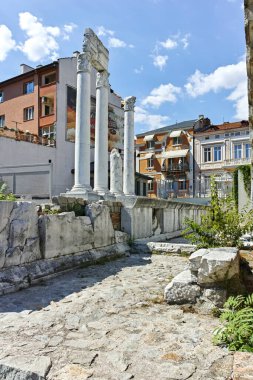 PLOVDIV, BULGARIA - AUGUST 1, 2022: Ruins of ancient Philippopolis at the central square of city of Plovdiv, Bulgaria