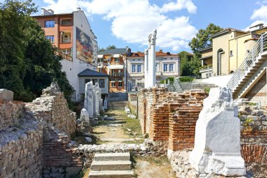 PLOVDIV, BULGARIA - AUGUST 1, 2022: Ruins of ancient Philippopolis at the central square of city of Plovdiv, Bulgaria