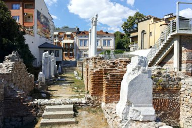 PLOVDIV, BULGARIA - AUGUST 1, 2022: Ruins of ancient Philippopolis at the central square of city of Plovdiv, Bulgaria