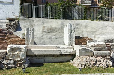 PLOVDIV, BULGARIA - AUGUST 1, 2022: Ruins of ancient Philippopolis at the central square of city of Plovdiv, Bulgaria