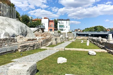 PLOVDIV, BULGARIA - AUGUST 1, 2022: Ruins of ancient Philippopolis at the central square of city of Plovdiv, Bulgaria