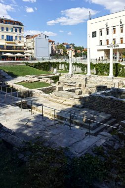 PLOVDIV, BULGARIA - AUGUST 1, 2022: Ruins of ancient Philippopolis at the central square of city of Plovdiv, Bulgaria