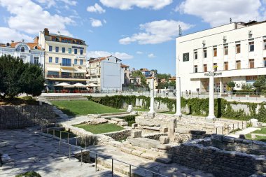 PLOVDIV, BULGARIA - AUGUST 1, 2022: Ruins of ancient Philippopolis at the central square of city of Plovdiv, Bulgaria