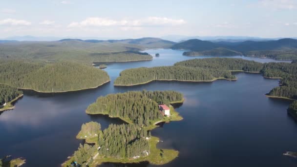 Aerial Summer View Shiroka Polyana Wide Meadow Reservoir Covered Ice — Stock video