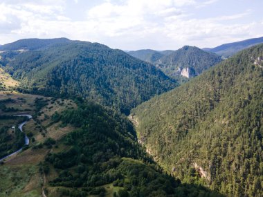 Aerial Summer view of Rhodope Mountains near village of Borino, Smolyan Region, Bulgaria