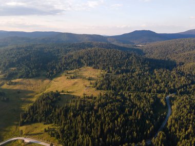 Aerial Sunset view of  Rhodopes Mountains near Beglika Reservoir, Pazardzhik Region, Bulgaria