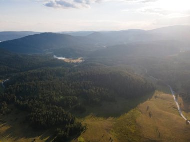 Aerial Sunset view of  Rhodopes Mountains near Beglika Reservoir, Pazardzhik Region, Bulgaria