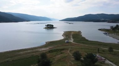 Aerial Summer view of Dospat Reservoir, Smolyan Region, Bulgaria