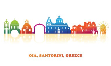 Yunanistan 'ın Cyclades Adaları, Santorini, Oia köyünün renkli Skyline panoraması - vektör illüstrasyonu