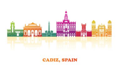 Cadiz, Endülüs, İspanya 'nın renkli Skyline panoraması - vektör illüstrasyonu