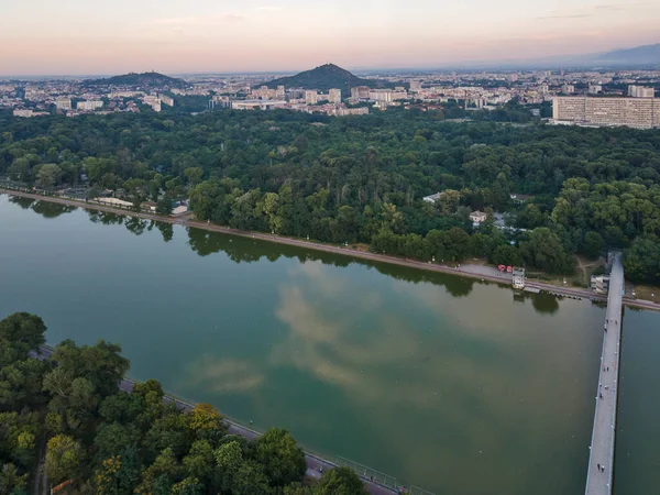 Aerial sunset landscape of Rowing Venue in city of Plovdiv, Bulgaria
