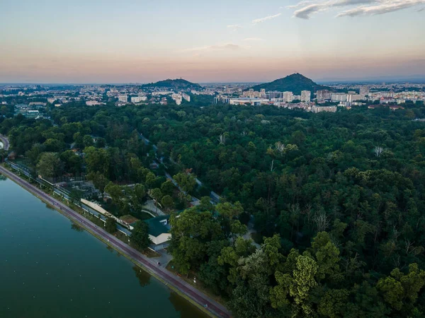 Aerial sunset landscape of Rowing Venue in city of Plovdiv, Bulgaria