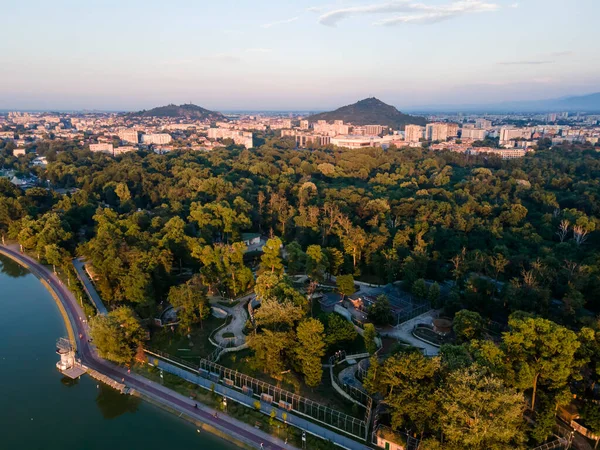 Aerial sunset landscape of Rowing Venue in city of Plovdiv, Bulgaria