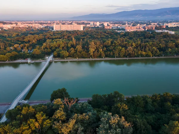 Aerial sunset landscape of Rowing Venue in city of Plovdiv, Bulgaria