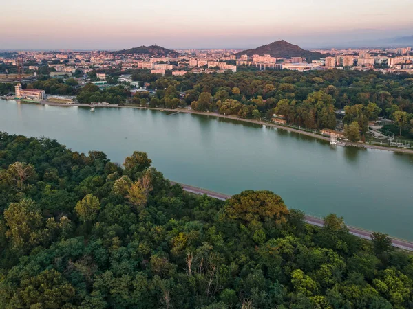 Aerial sunset landscape of Rowing Venue in city of Plovdiv, Bulgaria