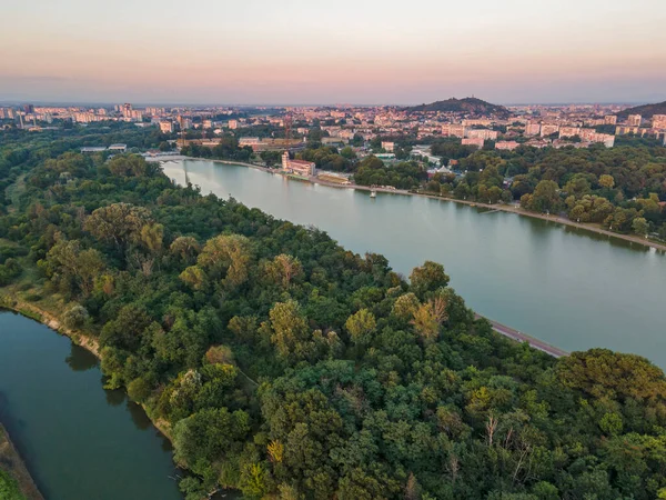 Aerial sunset landscape of Rowing Venue in city of Plovdiv, Bulgaria