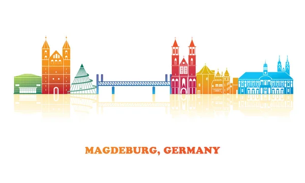 ドイツ マクデブルク市のカラフルなスカイラインのパノラマ ベクトル図 — ストックベクタ