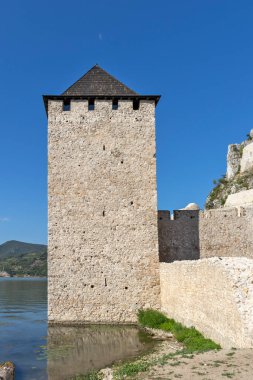 Sırbistan 'ın Tuna Nehri kıyısındaki Ortaçağ tahkim edilmiş Golubac kasabasının kalıntıları