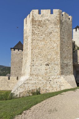 Sırbistan 'ın Tuna Nehri kıyısındaki Ortaçağ tahkim edilmiş Golubac kasabasının kalıntıları