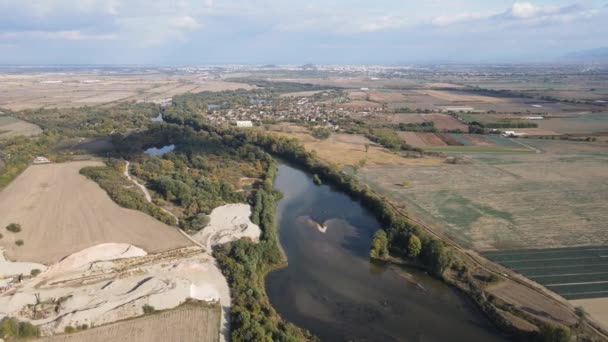 Αεροφωτογραφία Του Ποταμού Μαρίτσα Κοντά Στο Χωριό Οριζάρι Περιοχή Πλόβντιβ — Αρχείο Βίντεο