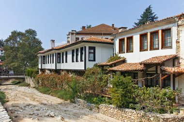 MELNIK, BULGARIA -31 Ağustos 2022: Bulgaristan 'ın Blagoevgrad bölgesindeki tarihi Melnik kasabasındaki tipik sokak ve eski evler