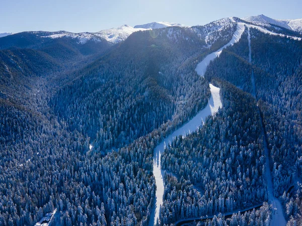 Vista Aérea Invierno Montaña Rila Cerca Estación Esquí Borovets Región — Foto de Stock