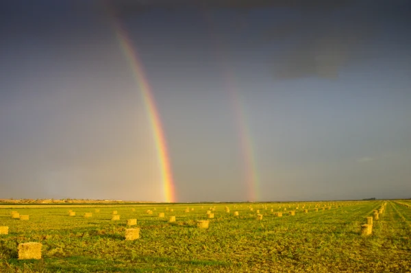 Arco-íris e fardos de feno — Fotografia de Stock