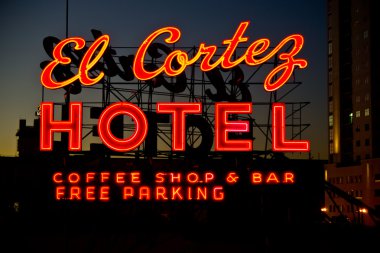 The El Cortez Hotel Sign at Twilight clipart