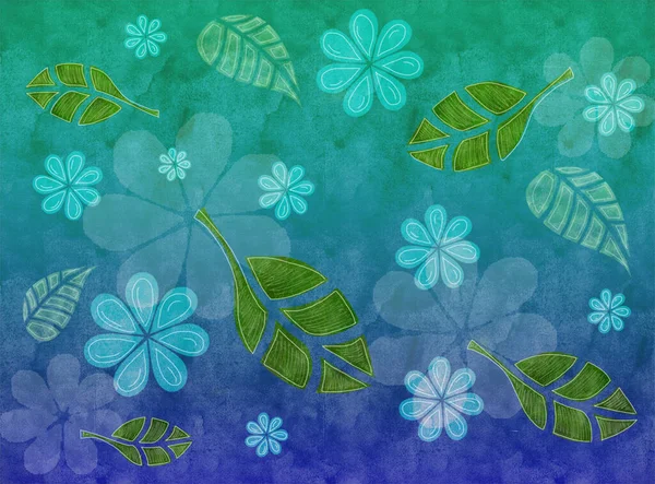 Green Blue Flowers Leaves Background Imagedrawing — Foto de Stock