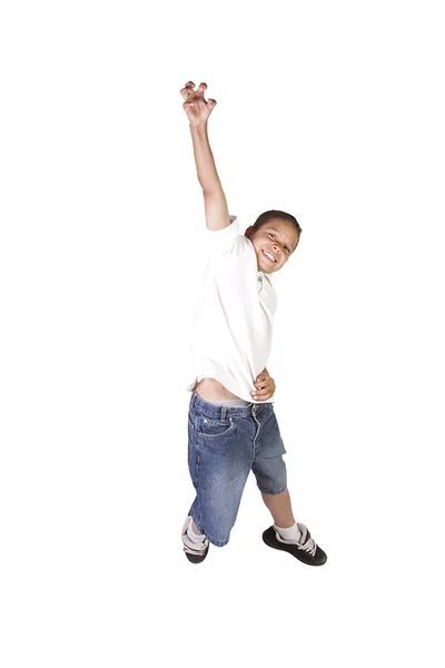 Jonge jongen springen over witte achtergrond — Stockfoto