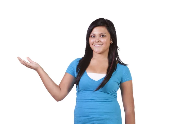 Adolescente bonita segurando seu produto com alegria — Fotografia de Stock