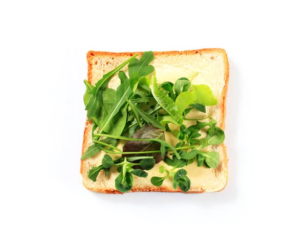Krajíc chleba s čerstvý salát greeny — Stock fotografie