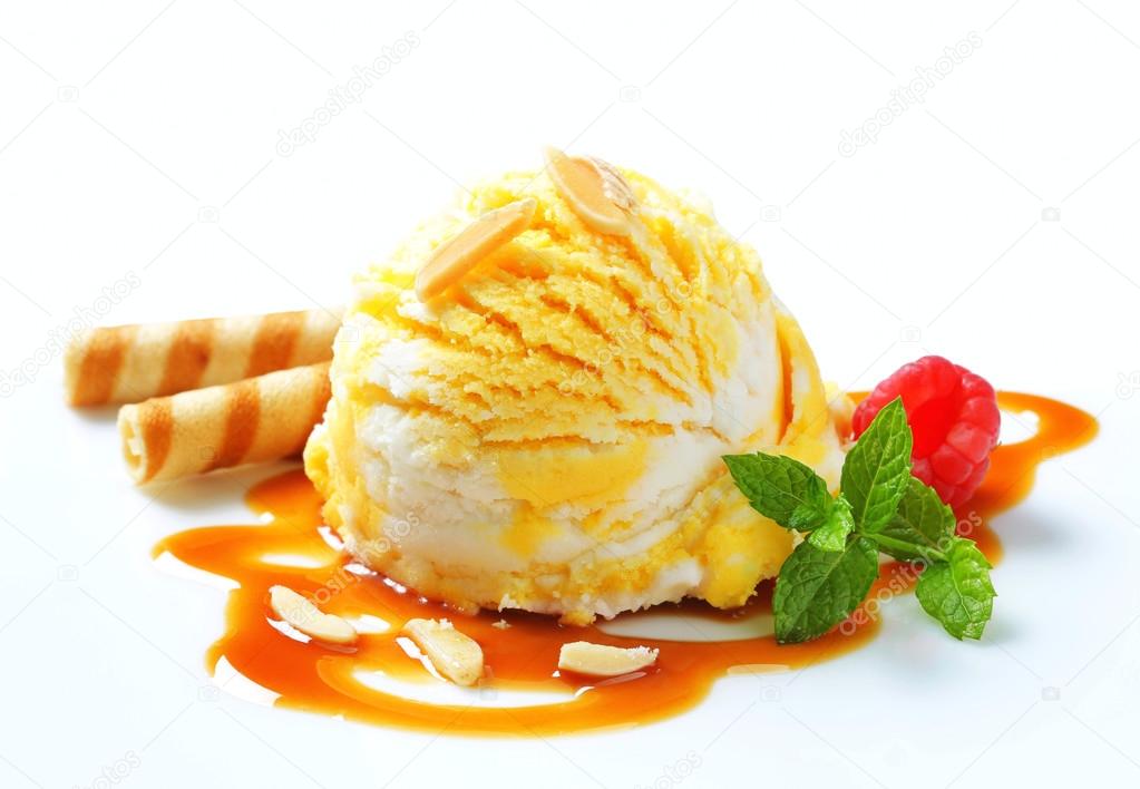 Ice cream with caramel sauce