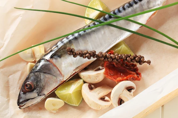 Fresh mackerel on parchment paper — Stock Photo, Image