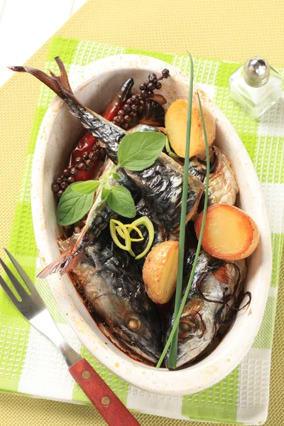 Trouba pečená makrela s brambory — Stock fotografie